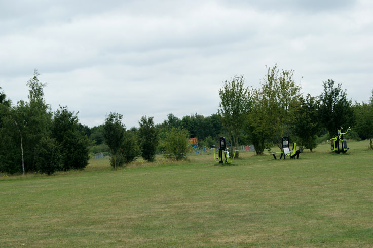 Outdoor gym equipment and a play area behind it.